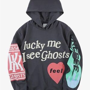 Lucky Me I See Ghosts Graphic Hoodie with Colorful Sleeves